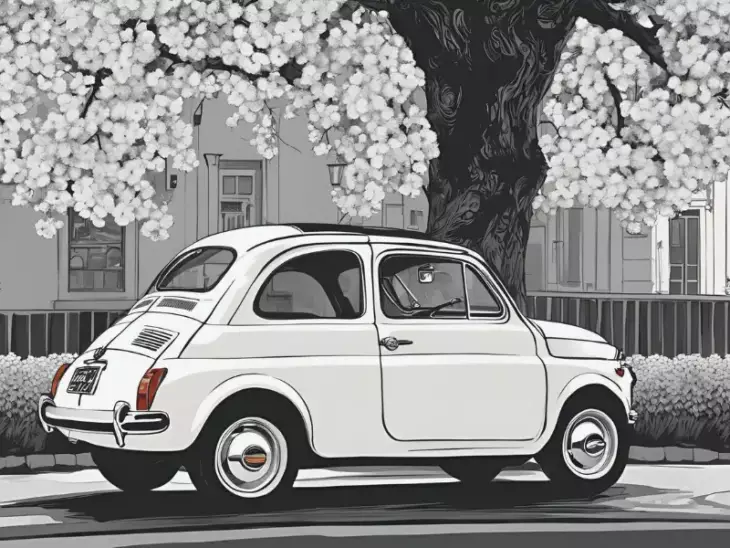 dessin, illustration, voiture ancienne, voiture vintage, location, voiture ancienne, road trip Baie de Somme, Repaire vintage, Baie de Somme, escapade rétro, voiture de collection, charme rétro, week-end vintage, côte picarde, Hauts-de-France, vacances rétro, automobile, tourisme vintage, Fiat