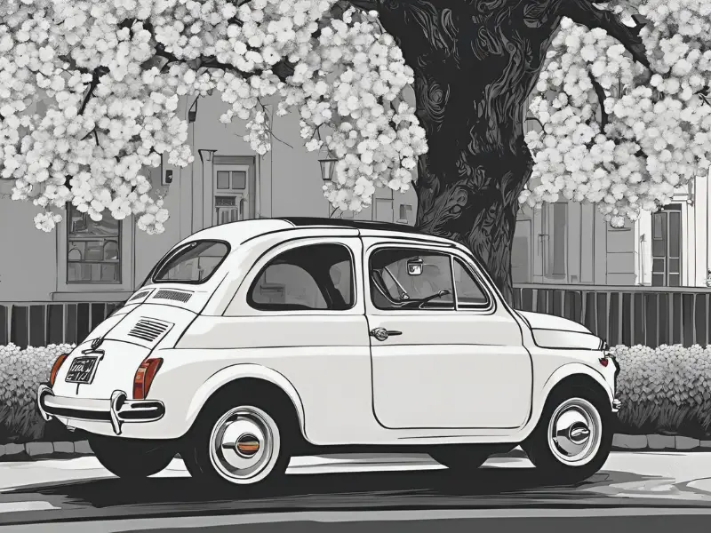 dessin, illustration, voiture ancienne, voiture vintage, location, voiture ancienne, road trip Baie de Somme, Repaire vintage, Baie de Somme, escapade rétro, voiture de collection, charme rétro, week-end vintage, côte picarde, Hauts-de-France, vacances rétro, automobile, tourisme vintage, Fiat