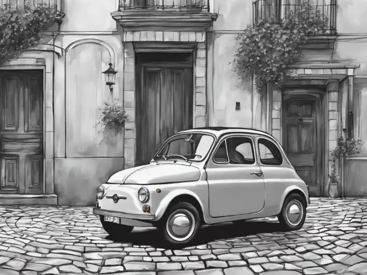 dessin, illustration, voiture ancienne, voiture vintage, location, voiture ancienne, road trip Baie de Somme, Repaire vintage, Baie de Somme, escapade rétro, voiture de collection, charme rétro, week-end vintage, côte picarde, Hauts-de-France, vacances rétro, automobile, tourisme vintage, Fiat
