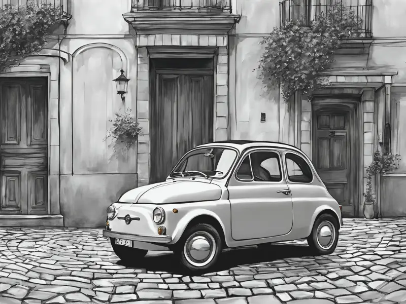 dessin, illustration, voiture ancienne, voiture vintage, location, voiture ancienne, road trip Baie de Somme, Repaire vintage, Baie de Somme, escapade rétro, voiture de collection, charme rétro, week-end vintage, côte picarde, Hauts-de-France, vacances rétro, automobile, tourisme vintage, Fiat