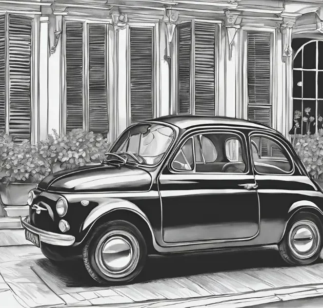 dessin, illustration, voiture ancienne, voiture vintage, location, voiture ancienne, road trip Baie de Somme, Repaire vintage, Baie de Somme, escapade rétro, voiture de collection, charme rétro, week-end vintage, côte picarde, Hauts-de-France, vacances rétro, automobile, tourisme vintage, Fiat