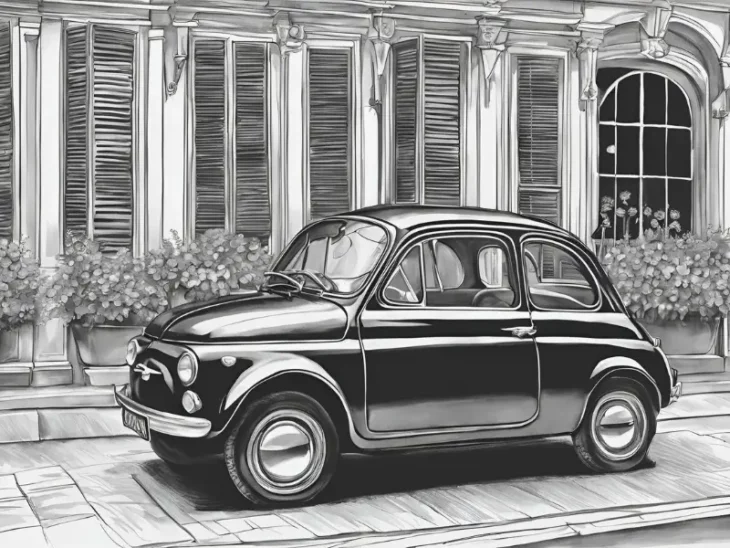 dessin, illustration, voiture ancienne, voiture vintage, location, voiture ancienne, road trip Baie de Somme, Repaire vintage, Baie de Somme, escapade rétro, voiture de collection, charme rétro, week-end vintage, côte picarde, Hauts-de-France, vacances rétro, automobile, tourisme vintage, Fiat