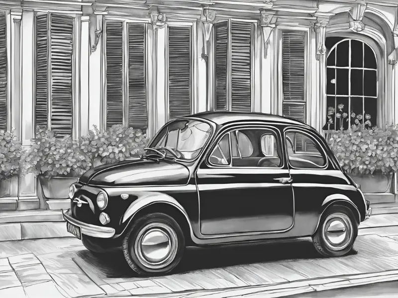 dessin, illustration, voiture ancienne, voiture vintage, location, voiture ancienne, road trip Baie de Somme, Repaire vintage, Baie de Somme, escapade rétro, voiture de collection, charme rétro, week-end vintage, côte picarde, Hauts-de-France, vacances rétro, automobile, tourisme vintage, Fiat
