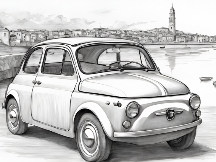 dessin, illustration, voiture ancienne, voiture vintage, location, voiture ancienne, road trip Baie de Somme, Repaire vintage, Baie de Somme, escapade rétro, voiture de collection, charme rétro, week-end vintage, côte picarde, Hauts-de-France, vacances rétro, automobile, tourisme vintage, Fiat