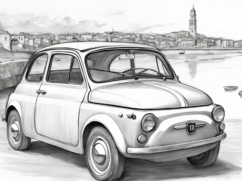 dessin, illustration, voiture ancienne, voiture vintage, location, voiture ancienne, road trip Baie de Somme, Repaire vintage, Baie de Somme, escapade rétro, voiture de collection, charme rétro, week-end vintage, côte picarde, Hauts-de-France, vacances rétro, automobile, tourisme vintage, Fiat