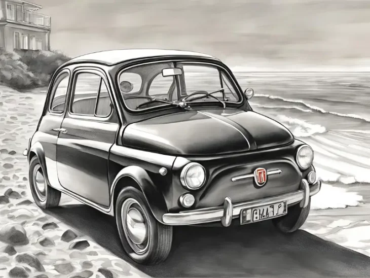 dessin, illustration, voiture ancienne, voiture vintage, location, voiture ancienne, road trip Baie de Somme, Repaire vintage, Baie de Somme, escapade rétro, voiture de collection, charme rétro, week-end vintage, côte picarde, Hauts-de-France, vacances rétro, automobile, tourisme vintage, Fiat
