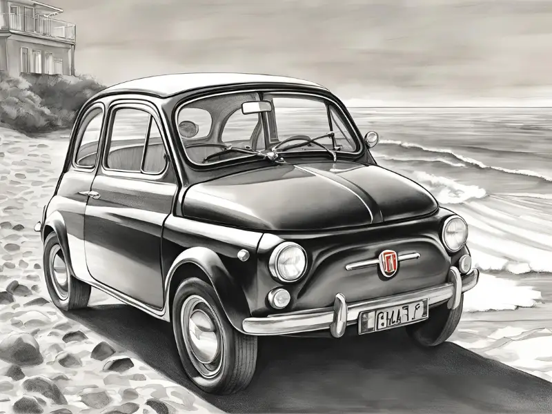 dessin, illustration, voiture ancienne, voiture vintage, location, voiture ancienne, road trip Baie de Somme, Repaire vintage, Baie de Somme, escapade rétro, voiture de collection, charme rétro, week-end vintage, côte picarde, Hauts-de-France, vacances rétro, automobile, tourisme vintage, Fiat