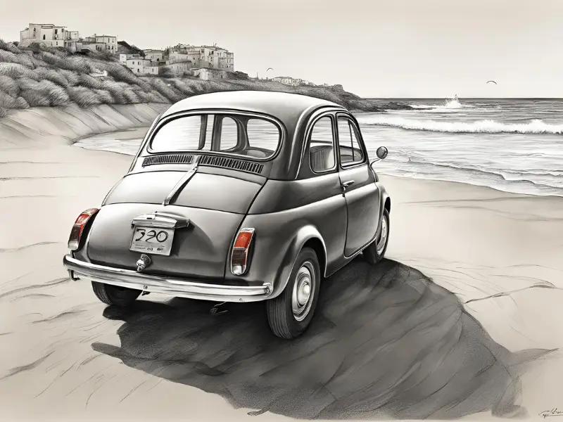 dessin, illustration, voiture ancienne, voiture vintage, location, voiture ancienne, road trip Baie de Somme, Repaire vintage, Baie de Somme, escapade rétro, voiture de collection, charme rétro, week-end vintage, côte picarde, Hauts-de-France, vacances rétro, automobile, tourisme vintage, Fiat