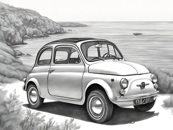 dessin, illustration, voiture ancienne, voiture vintage, location, voiture ancienne, road trip Baie de Somme, Repaire vintage, Baie de Somme, escapade rétro, voiture de collection, charme rétro, week-end vintage, côte picarde, Hauts-de-France, vacances rétro, automobile, tourisme vintage, Fiat