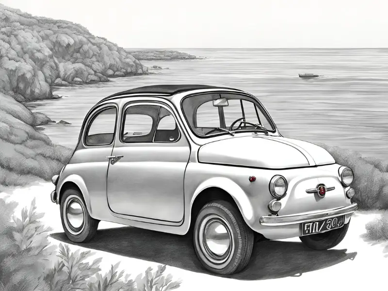 dessin, illustration, voiture ancienne, voiture vintage, location, voiture ancienne, road trip Baie de Somme, Repaire vintage, Baie de Somme, escapade rétro, voiture de collection, charme rétro, week-end vintage, côte picarde, Hauts-de-France, vacances rétro, automobile, tourisme vintage, Fiat