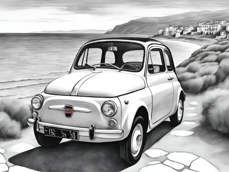 dessin, illustration, voiture ancienne, voiture vintage, location, voiture ancienne, road trip Baie de Somme, Repaire vintage, Baie de Somme, escapade rétro, voiture de collection, charme rétro, week-end vintage, côte picarde, Hauts-de-France, vacances rétro, automobile, tourisme vintage, Fiat
