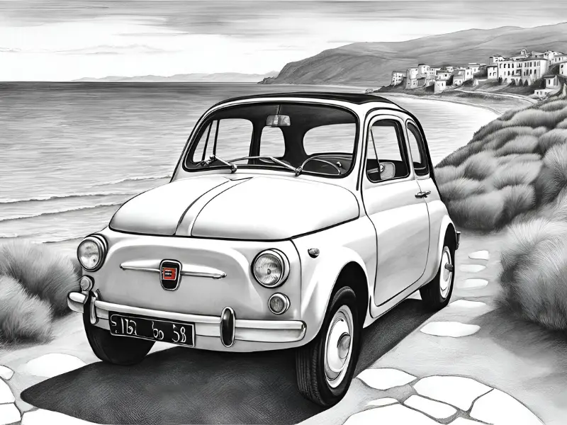 dessin, illustration, voiture ancienne, voiture vintage, location, voiture ancienne, road trip Baie de Somme, Repaire vintage, Baie de Somme, escapade rétro, voiture de collection, charme rétro, week-end vintage, côte picarde, Hauts-de-France, vacances rétro, automobile, tourisme vintage, Fiat