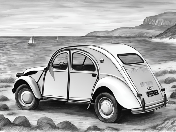 dessin, illustration, voiture ancienne, voiture vintage, location, voiture ancienne, road trip Baie de Somme, Repaire vintage, Baie de Somme, escapade rétro, voiture de collection, charme rétro, week-end vintage, côte picarde, Hauts-de-France, vacances rétro, automobile, tourisme vintage, 2CV