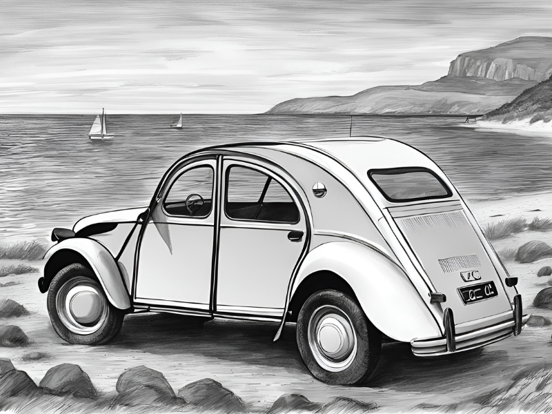 dessin, illustration, voiture ancienne, voiture vintage, location, voiture ancienne, road trip Baie de Somme, Repaire vintage, Baie de Somme, escapade rétro, voiture de collection, charme rétro, week-end vintage, côte picarde, Hauts-de-France, vacances rétro, automobile, tourisme vintage, 2CV