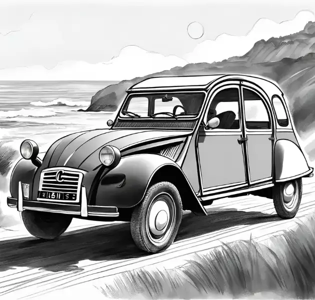 dessin, illustration, voiture ancienne, voiture vintage, location, voiture ancienne, road trip Baie de Somme, Repaire vintage, Baie de Somme, escapade rétro, voiture de collection, charme rétro, week-end vintage, côte picarde, Hauts-de-France, vacances rétro, automobile, tourisme vintage, 2CV