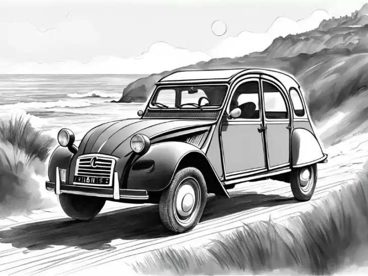 dessin, illustration, voiture ancienne, voiture vintage, location, voiture ancienne, road trip Baie de Somme, Repaire vintage, Baie de Somme, escapade rétro, voiture de collection, charme rétro, week-end vintage, côte picarde, Hauts-de-France, vacances rétro, automobile, tourisme vintage, 2CV