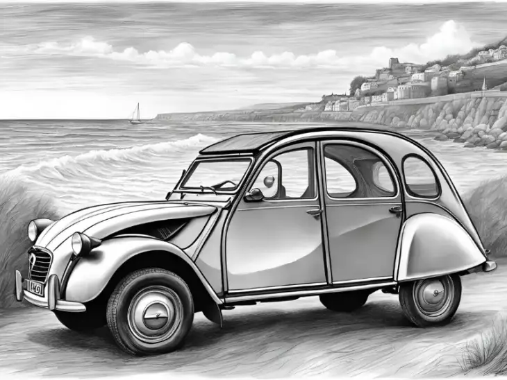 dessin, illustration, voiture ancienne, voiture vintage, location, voiture ancienne, road trip Baie de Somme, Repaire vintage, Baie de Somme, escapade rétro, voiture de collection, charme rétro, week-end vintage, côte picarde, Hauts-de-France, vacances rétro, automobile, tourisme vintage, 2CV