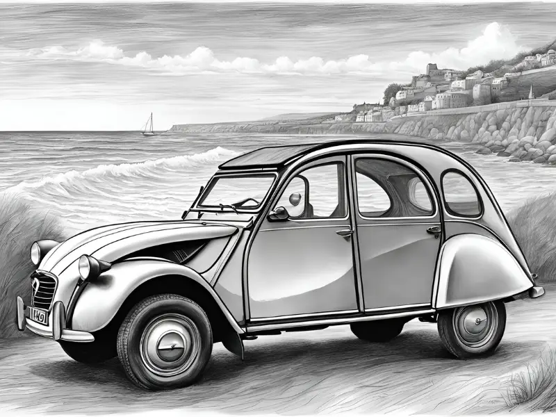 dessin, illustration, voiture ancienne, voiture vintage, location, voiture ancienne, road trip Baie de Somme, Repaire vintage, Baie de Somme, escapade rétro, voiture de collection, charme rétro, week-end vintage, côte picarde, Hauts-de-France, vacances rétro, automobile, tourisme vintage, 2CV
