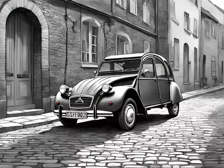 dessin, illustration, voiture ancienne, voiture vintage, location, voiture ancienne, road trip Baie de Somme, Repaire vintage, Baie de Somme, escapade rétro, voiture de collection, charme rétro, week-end vintage, côte picarde, Hauts-de-France, vacances rétro, automobile, tourisme vintage, 2CV