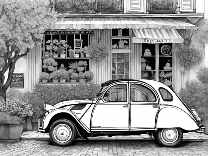 dessin, illustration, voiture ancienne, voiture vintage, location, voiture ancienne, road trip Baie de Somme, Repaire vintage, Baie de Somme, escapade rétro, voiture de collection, charme rétro, week-end vintage, côte picarde, Hauts-de-France, vacances rétro, automobile, tourisme vintage, 2CV