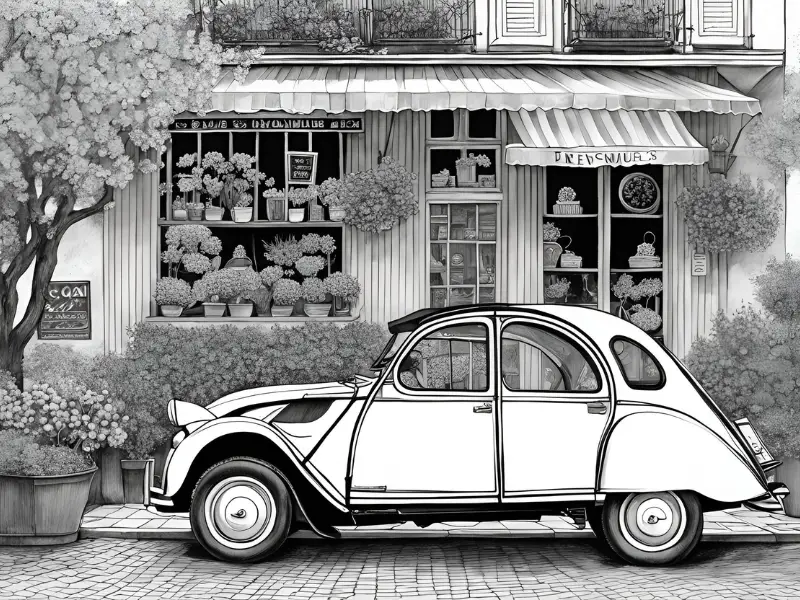 dessin, illustration, voiture ancienne, voiture vintage, location, voiture ancienne, road trip Baie de Somme, Repaire vintage, Baie de Somme, escapade rétro, voiture de collection, charme rétro, week-end vintage, côte picarde, Hauts-de-France, vacances rétro, automobile, tourisme vintage, 2CV