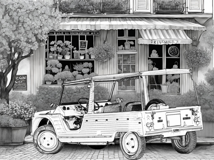 dessin, illustration, voiture ancienne, voiture vintage, location, voiture ancienne, road trip Baie de Somme, Repaire vintage, Baie de Somme, escapade rétro, voiture de collection, charme rétro, week-end vintage, côte picarde, Hauts-de-France, vacances rétro, automobile, tourisme vintage, Méhari