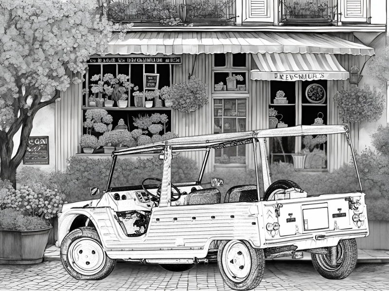 dessin, illustration, voiture ancienne, voiture vintage, location, voiture ancienne, road trip Baie de Somme, Repaire vintage, Baie de Somme, escapade rétro, voiture de collection, charme rétro, week-end vintage, côte picarde, Hauts-de-France, vacances rétro, automobile, tourisme vintage, Méhari