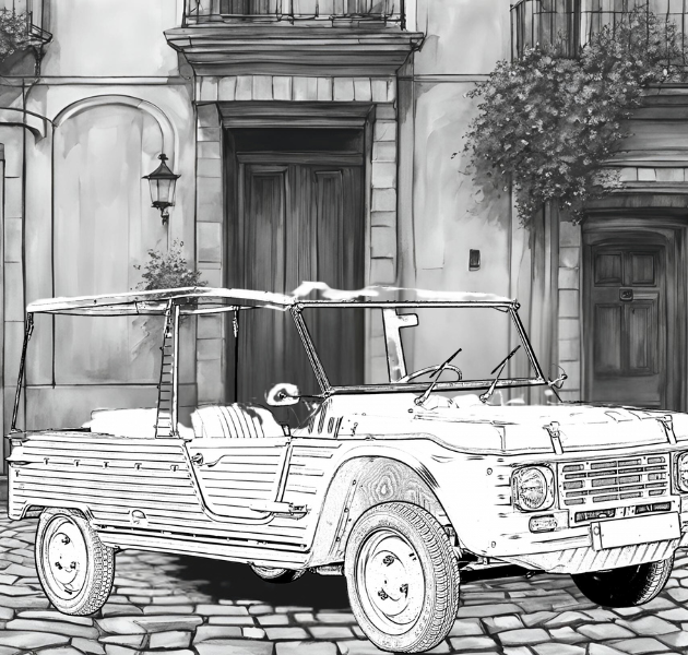 dessin, illustration, voiture ancienne, voiture vintage, location, voiture ancienne, road trip Baie de Somme, Repaire vintage, Baie de Somme, escapade rétro, voiture de collection, charme rétro, week-end vintage, côte picarde, Hauts-de-France, vacances rétro, automobile, tourisme vintage, Méhari
