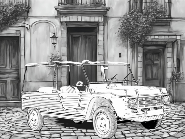 dessin, illustration, voiture ancienne, voiture vintage, location, voiture ancienne, road trip Baie de Somme, Repaire vintage, Baie de Somme, escapade rétro, voiture de collection, charme rétro, week-end vintage, côte picarde, Hauts-de-France, vacances rétro, automobile, tourisme vintage, Méhari