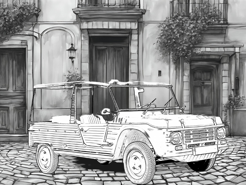 dessin, illustration, voiture ancienne, voiture vintage, location, voiture ancienne, road trip Baie de Somme, Repaire vintage, Baie de Somme, escapade rétro, voiture de collection, charme rétro, week-end vintage, côte picarde, Hauts-de-France, vacances rétro, automobile, tourisme vintage, Méhari
