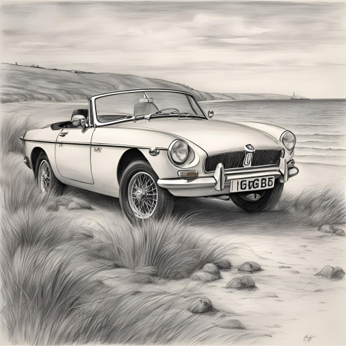 dessin, illustration, voiture ancienne, voiture vintage, location, voiture ancienne, road trip Baie de Somme, Repaire vintage, Baie de Somme, escapade rétro, voiture de collection, charme rétro, week-end vintage, côte picarde, Hauts-de-France, vacances rétro, automobile, tourisme vintage, MG B cabriolet