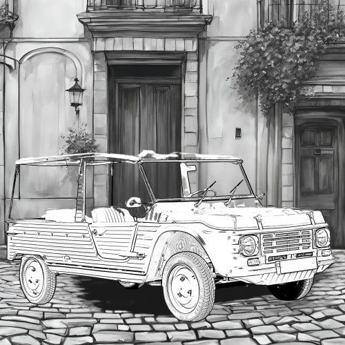 dessin, illustration, voiture ancienne, voiture vintage, location, voiture ancienne, road trip Baie de Somme, Repaire vintage, Baie de Somme, escapade rétro, voiture de collection, charme rétro, week-end vintage, côte picarde, Hauts-de-France, vacances rétro, automobile, tourisme vintage, méhari