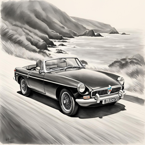dessin, illustration, voiture ancienne, voiture vintage, location, voiture ancienne, road trip Baie de Somme, Repaire vintage, Baie de Somme, escapade rétro, voiture de collection, charme rétro, week-end vintage, côte picarde, Hauts-de-France, vacances rétro, automobile, tourisme vintage, MG B cabriolet